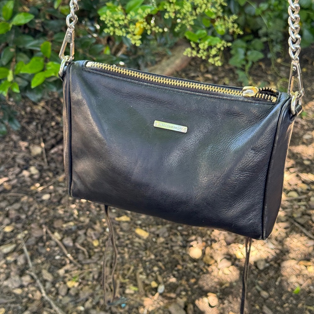 Rebecca Minkoff 5-Zip Black Leather Biker Crossbody Bag Silver Hardware Clutch